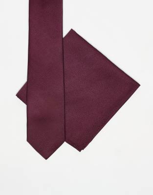 ASOS DESIGN – Vinröd slips och bröstnäsduk i satin - view 1