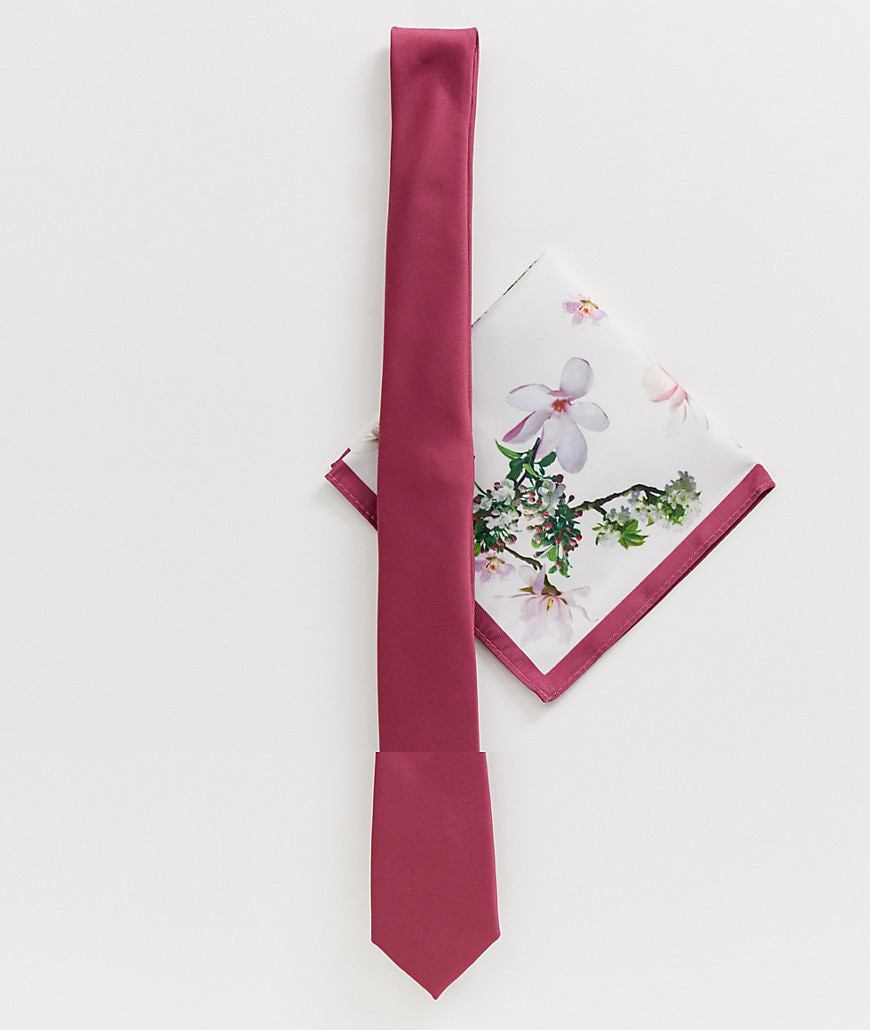 ASOS DESIGN – Vinröd smal slips och mönstrad bröstnäsduk