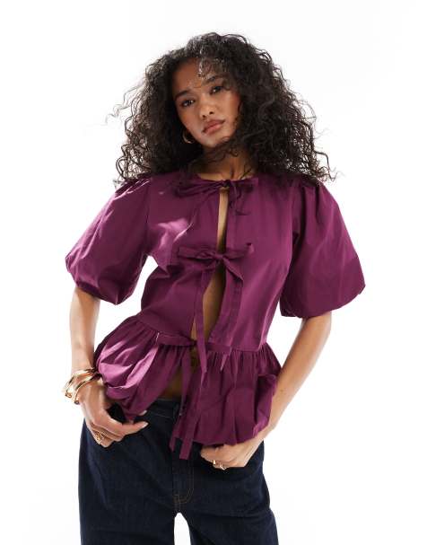 ASOS DESIGN – Vinröd smocktopp med puffärmar av bomull - view 1