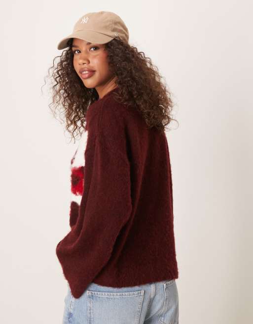 ASOS DESIGN – Vinröd, stickad, borstad tröja med blomdesign, 3 av 4