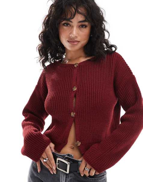 ASOS DESIGN – Vinröd, stickad kofta med rund halsringning - view 1