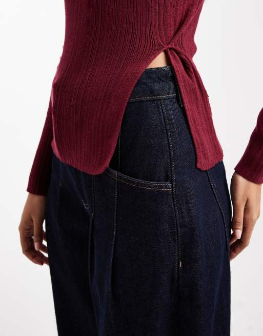 ASOS DESIGN – Vinröd, stickad topp i lång modell med rund halsringning och sidoslits, 3 av 4