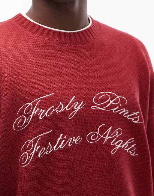 ASOS DESIGN – Vinröd, stickad tröja i oversize med "Frosty Pints Festive Nights"-text, 5 av 5