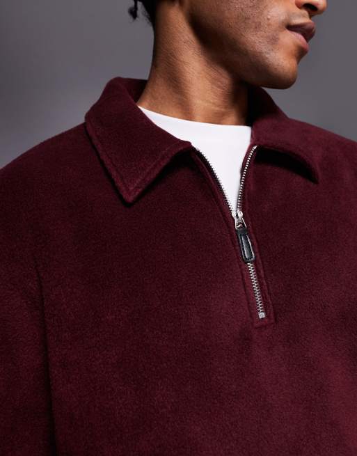 ASOS DESIGN – Vinröd sweatshirt i fleece med krage och kvartslång dragkedja , 5 av 5