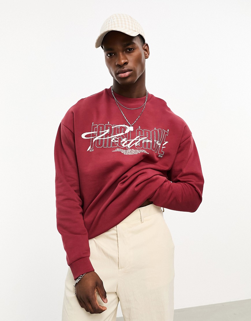 asos design - vinröd sweatshirt i oversize med stadstryck och broderi