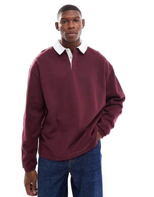 ASOS DESIGN – Vinröd sweatshirt i oversize och rugbymodell med pikékrage, 3 av 4