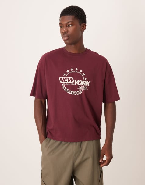 ASOS DESIGN – Vinröd t-shirt i oversize med boxig passform och New York-tryck - view 1