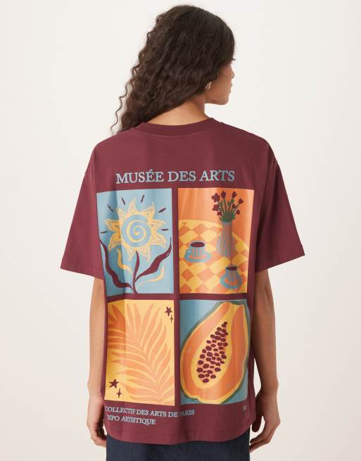 ASOS DESIGN – Vinröd t-shirt i oversize med konstnärligt tryck med frukt