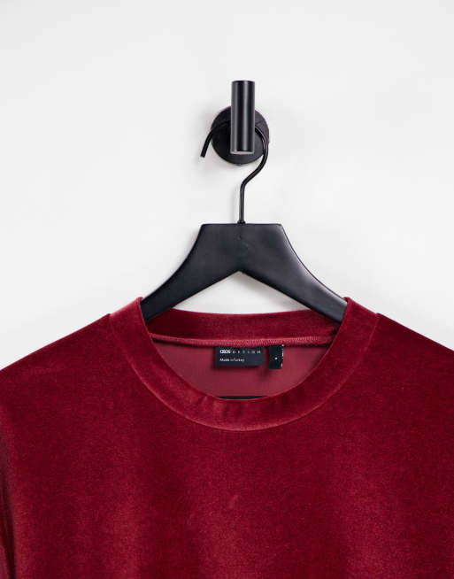 ASOS DESIGN – Vinröd t-shirt i velour, 4 av 4