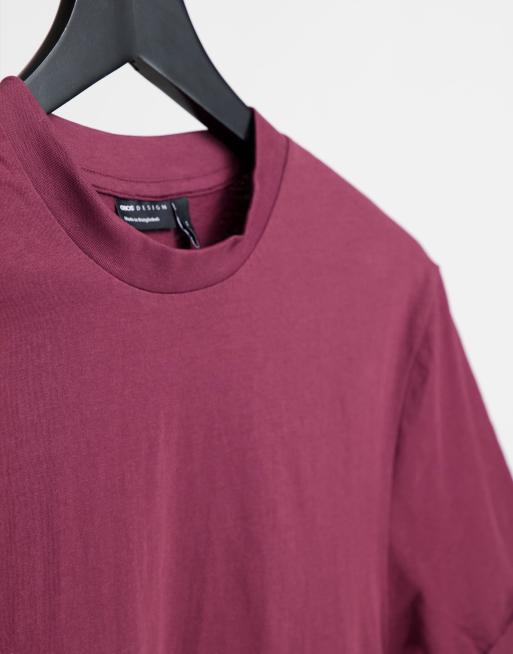 ASOS DESIGN – Vinröd t-shirt med rund halsringning och uppvikt ärm, 3 av 4