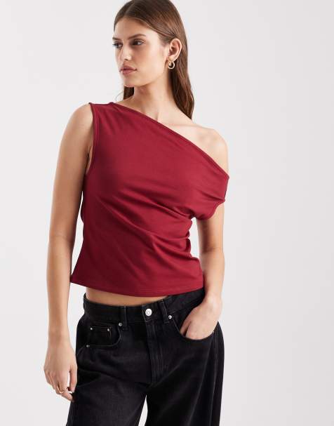 ASOS DESIGN – Vinröd topp i bomull med bar axel - view 1