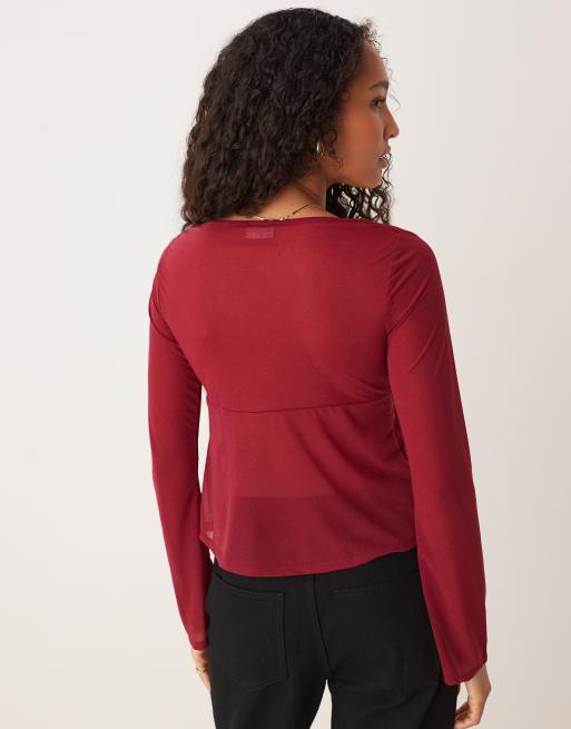ASOS DESIGN – Vinröd topp i mesh med volym och utsvängda ärmar, 4 av 4