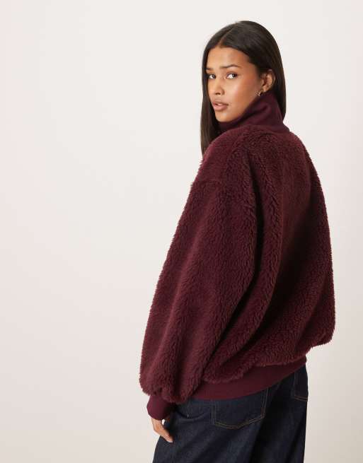 ASOS DESIGN – Vinröd topp i teddy och oversize med dragkedja och hög krage, 4 av 4