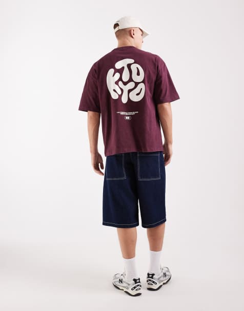 ASOS DESIGN – Vinröd, tvättad t-shirt i oversized fit med bubbligt Kyoto-texttryck - view 1