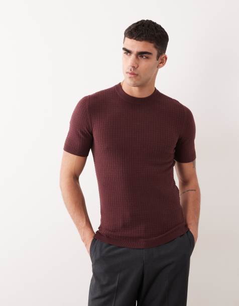 ASOS DESIGN – Vinröd, våffelstickad t-shirt i muscle fit med rund halsringning och långa ärmar - view 1