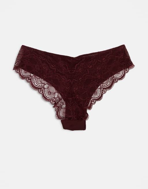 ASOS DESIGN – Vinröda brazilian-trosor utan synlig troskant med spets, 3-pack, 3 av 3