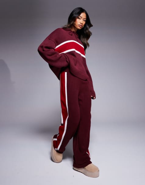 ASOS DESIGN – Vinröda, fluffigt stickade byxor med vida ben, del av set - view 1
