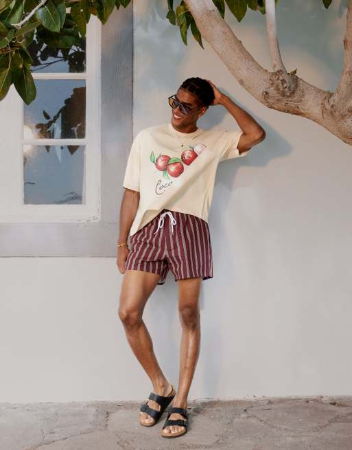 ASOS DESIGN – Vinröda, randiga, korta badshorts i kräpp, 2 av 4