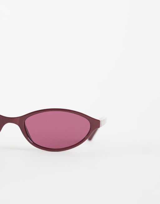 ASOS DESIGN – Vinröda, smala, ovala solglasögon med rosa glas ton-i-ton, 2 av 3