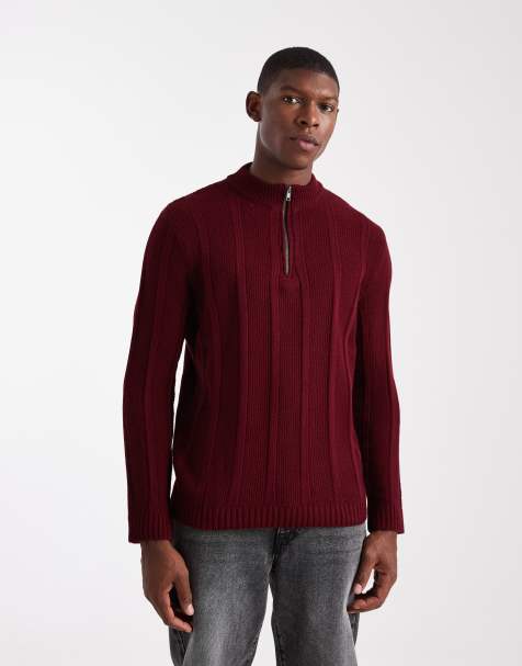 ASOS DESIGN – Vinrödrandig, stickad tröja med ståkrage och dragkedja vid halsen - view 1