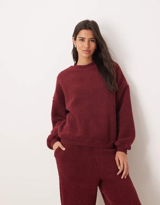 ASOS DESIGN – Vinrött, mysigt loungeset med rundringad tröja och vida byxor, 4 av 4