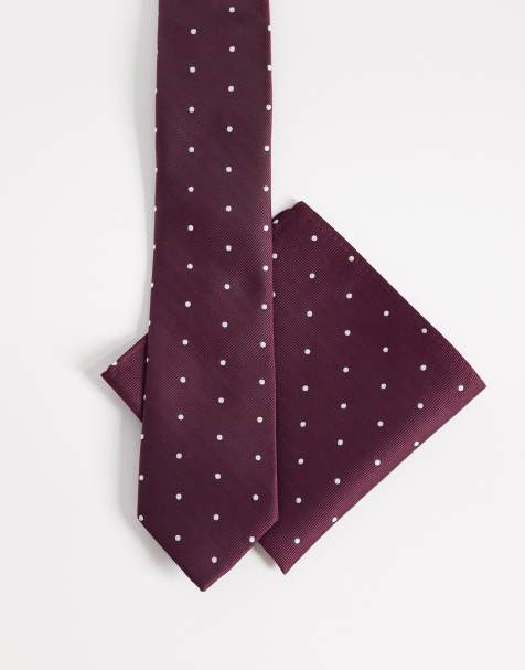 ASOS DESIGN – Vinrött, prickigt set med slips och bröstnäsduk - view 1
