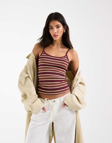 ASOS DESIGN – Vinrött, randigt linne med kontrastfärgade passpoaler och djup ringning - view 1