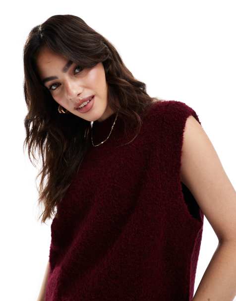 ASOS DESIGN – Vinrött, stickad linne i bouclé med rund halsringning - view 1