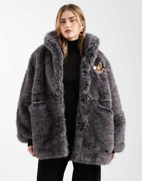 ASOS DESIGN vintage 80s faux fur jacket with gold brooch detailing in gray - view 1