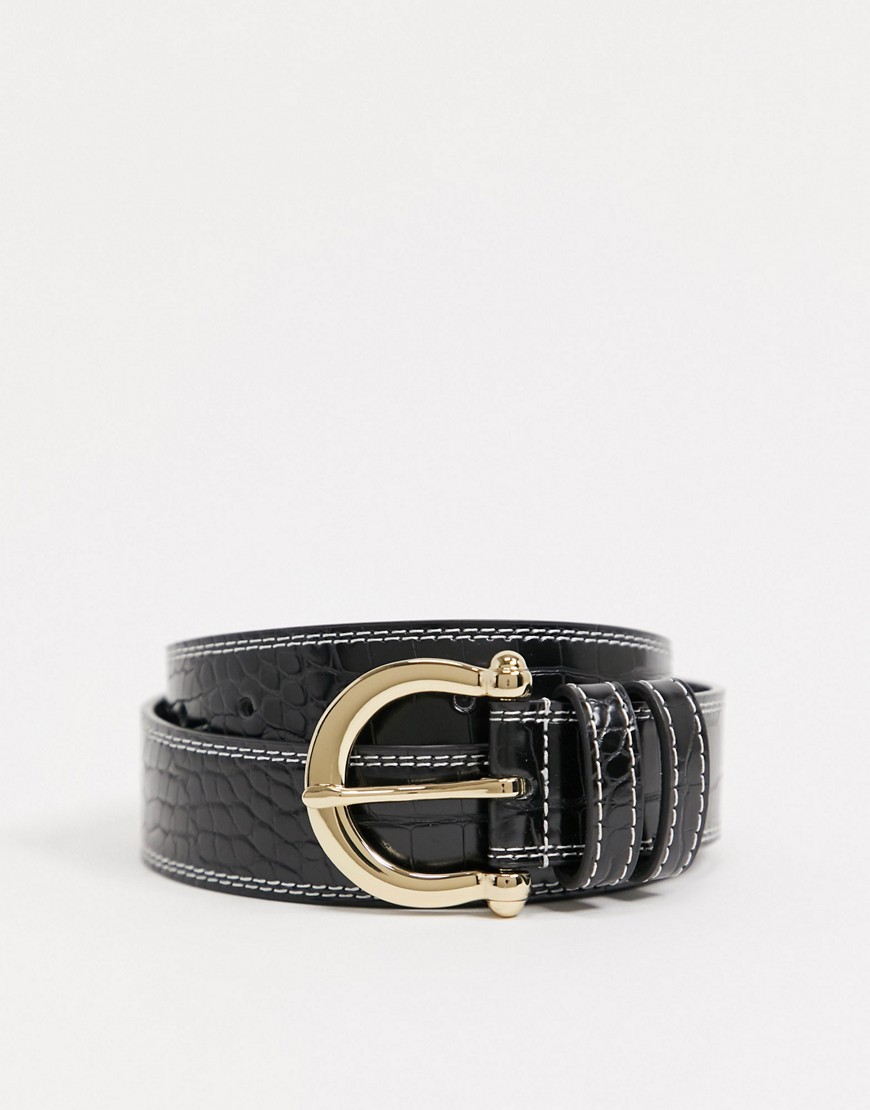 Asos Design Vintage Buckle Waist And Hip Jeans Belt In Shiny Black Croc With Contrast Stitch