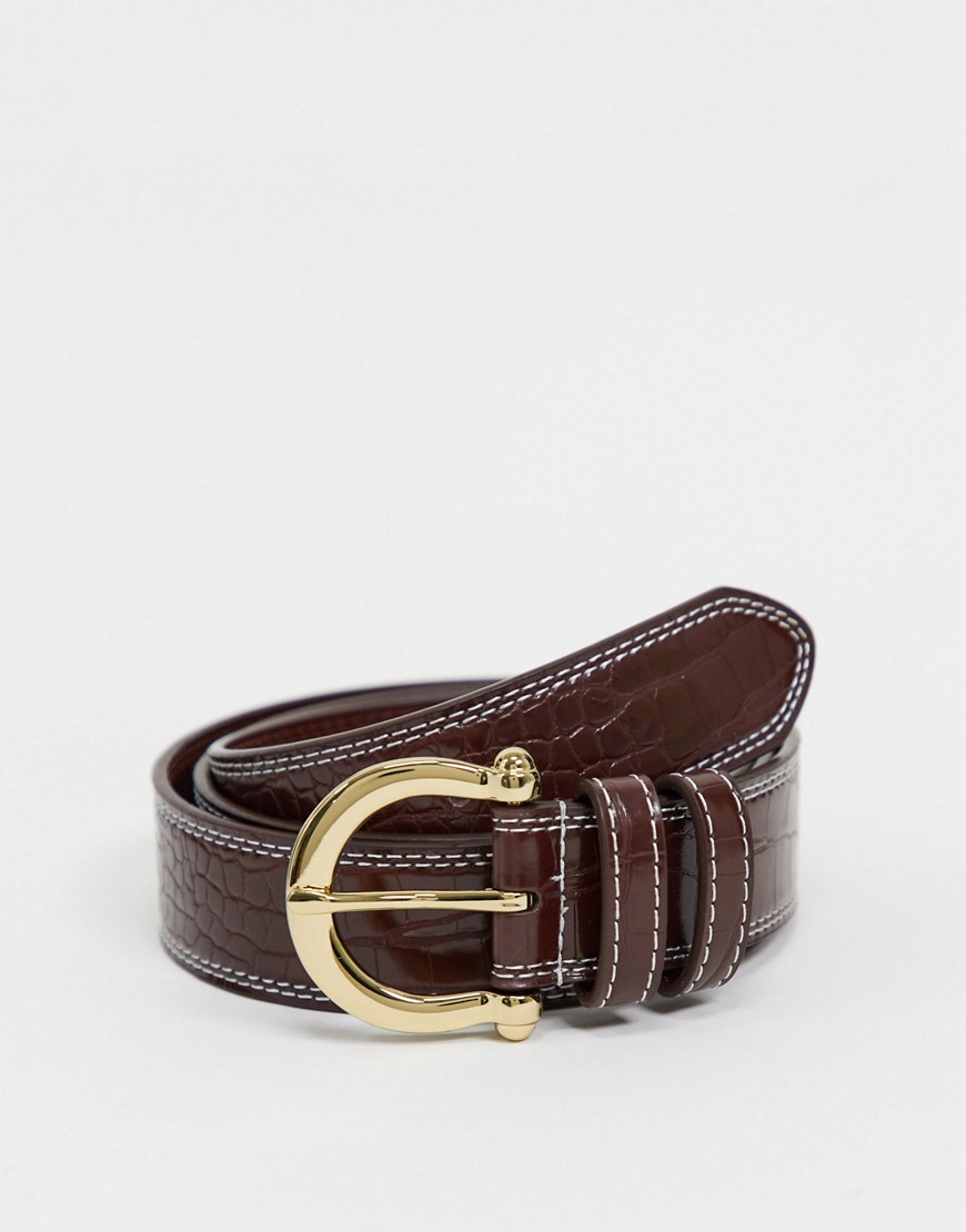 Asos Design Vintage Buckle Waist And Hip Jeans Belt With In Shiny Brown Croc With Contrast Stitch