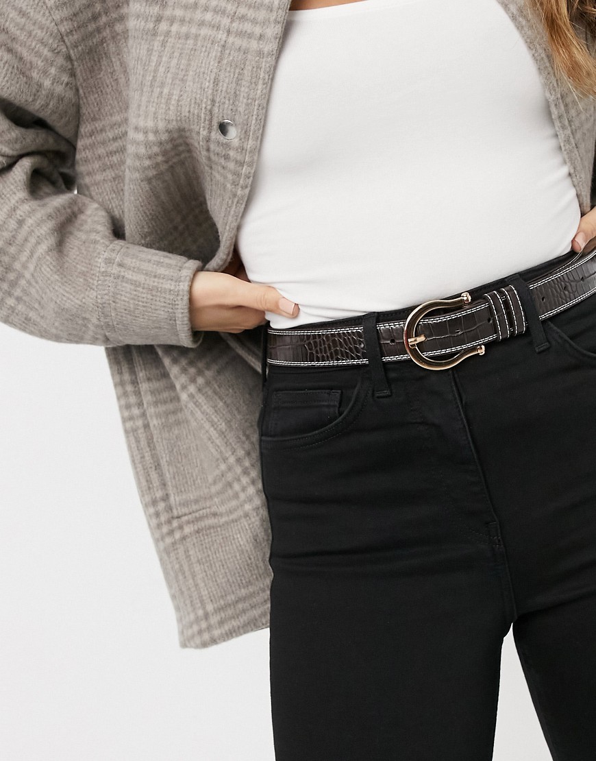 ASOS DESIGN vintage buckle waist and hip jeans belt with in shiny brown croc with contrast stitch-Neutral