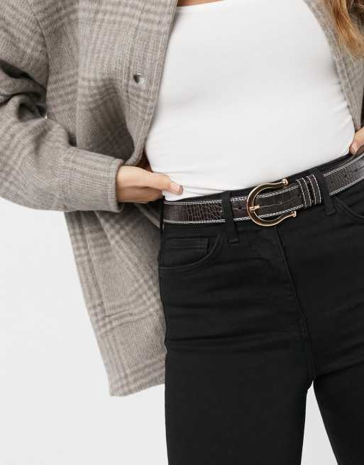 ASOS DESIGN vintage buckle waist and hip jeans belt with in shiny brown croc with contrast stitch
