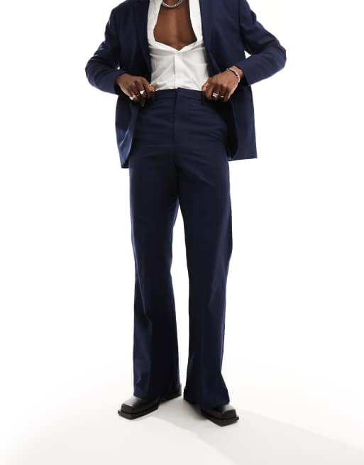ASOS DESIGN vintage flare suit pants in slubby texture in navy ASOS