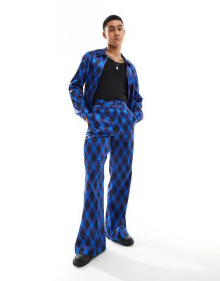 Asos Design Vintage Flared Pants In Argyle Print - Part Of A Set-blue