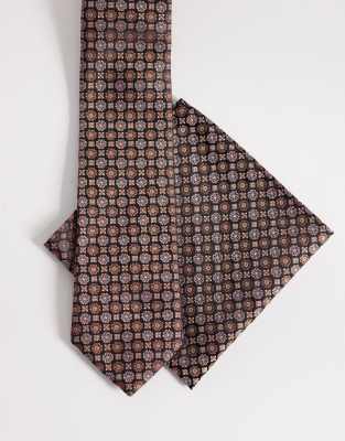 Asos Design Vintage Floral And Square Geometric Tie And Pocket Square In Brown