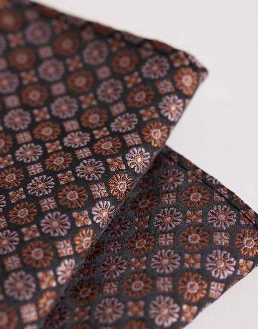 ASOS DESIGN vintage floral and square geometric tie and pocket square in brown, 2 of 3