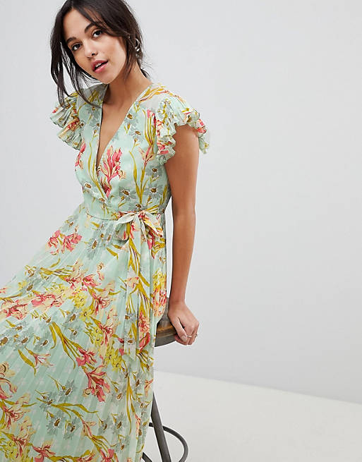 ASOS DESIGN vintage floral pleated maxi dress with flutter sleeve