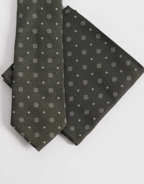 ASOS DESIGN vintage flower pattern tie and pocket square in green - view 1