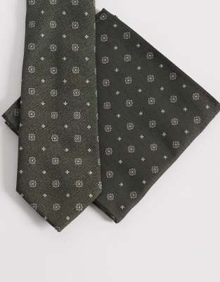 Asos Design Vintage Flower Patterned Necktie And Pocket Square In Green
