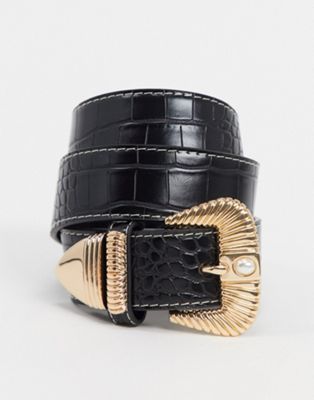 ASOS DESIGN vintage gold buckle shiny croc waist and hip jeans belt in ...
