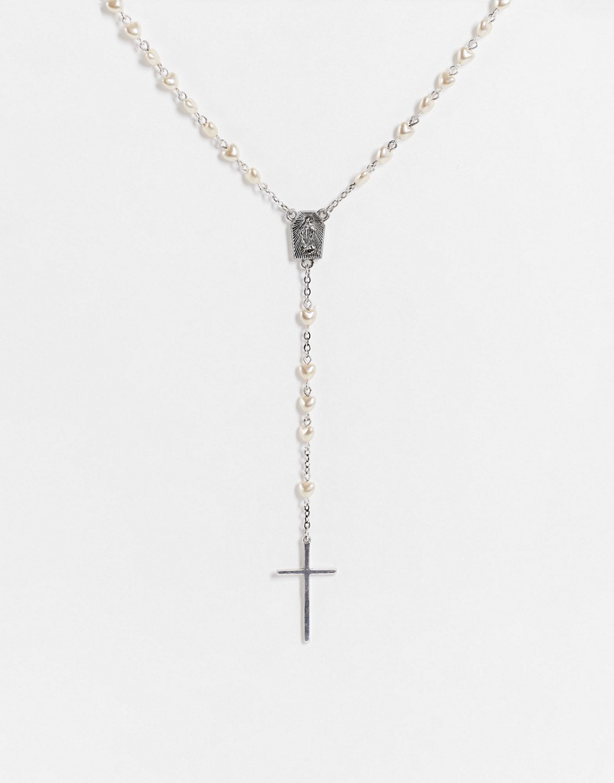 ASOS DESIGN vintage-inspired rosary beads with white faux pearls and cross in burnished silver