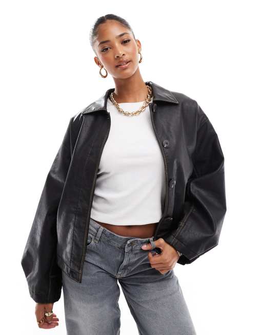 ASOS DESIGN – Vintage-Jacke in verwaschener schwarzer Lederoptik mit Oversize-Schnitt