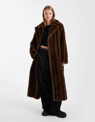 Asos Design Vintage Longline Faux Fur Coat In Brown