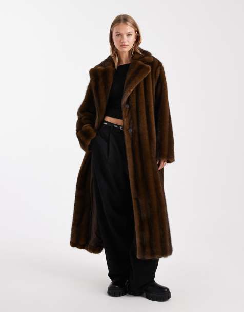 ASOS DESIGN vintage longline faux fur coat in brown - view 1