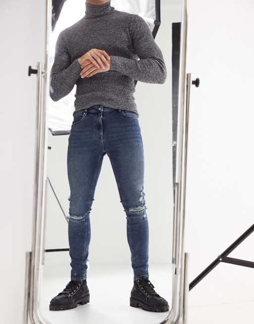 ASOS DESIGN – Vintage Look – Dunkel gefärbte Spray-on-Jeans mit Powerstretch und Zierrissen