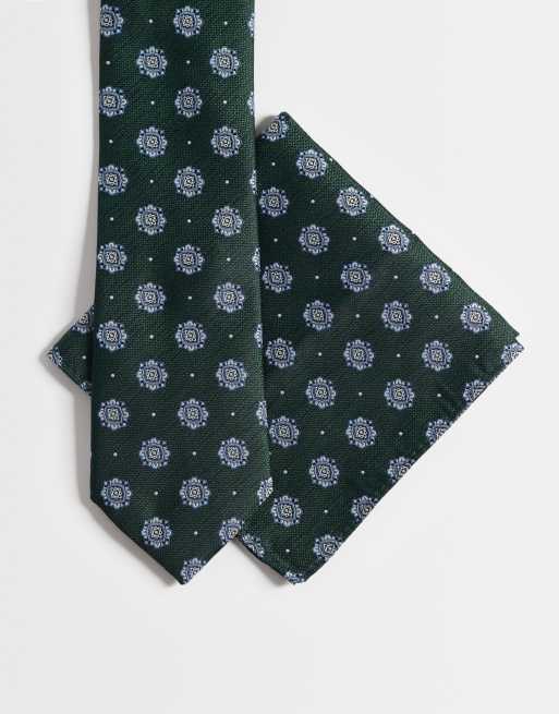 ASOS DESIGN vintage print tie and pocket square in green, 1 of 3
