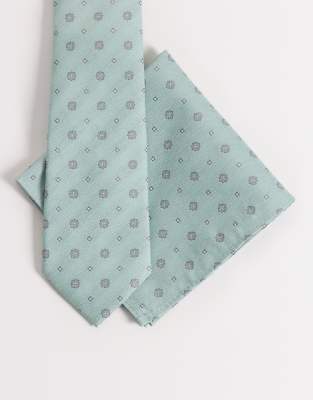 ASOS DESIGN vintage print tie and pocket square in sage green sage green 5790₽