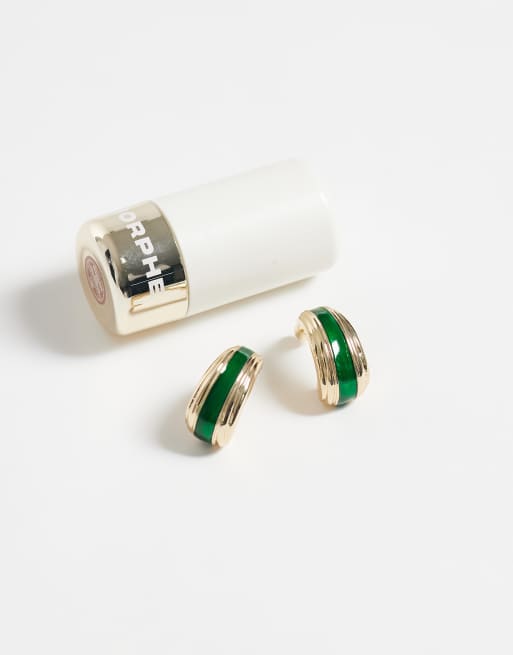 ASOS DESIGN vintage-style small half-hoop studs with green resin detail in gold tone, 2 of 4