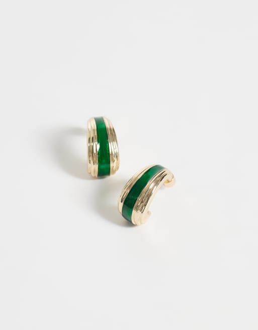 ASOS DESIGN vintage-style small half-hoop studs with green resin detail in gold tone, 3 of 4